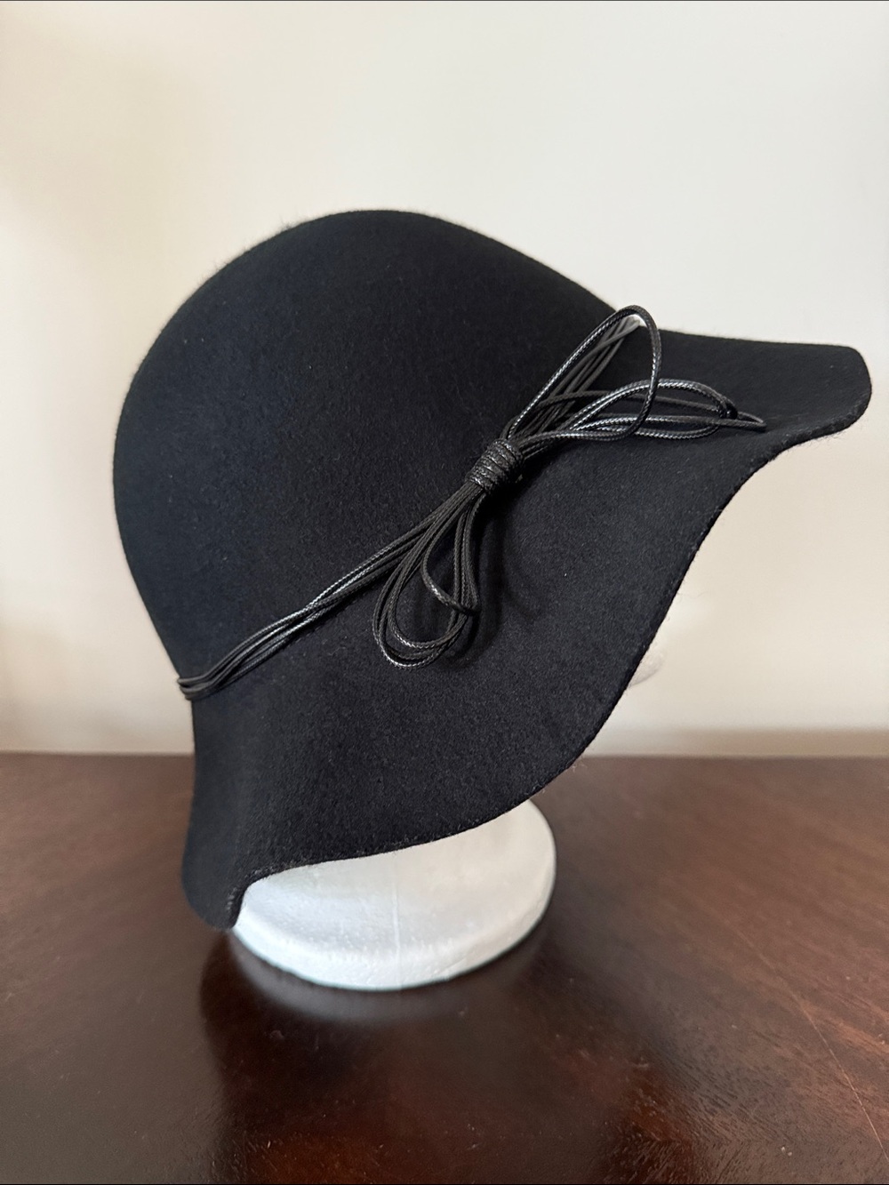 Morgan Taylor Black Wool Cloche Hat with Leather Bow Trim
